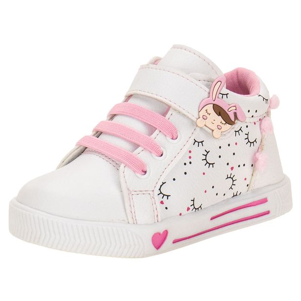 Tênis Infantil Feminino Cano Alto Linda Jú 60221 BRANCO/ROSA 21