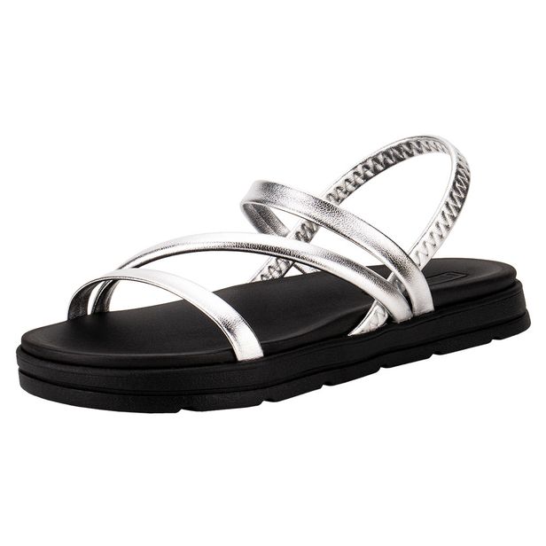 Sandália Feminina Flat Moleca 5490104 PRETO/PRATA 34