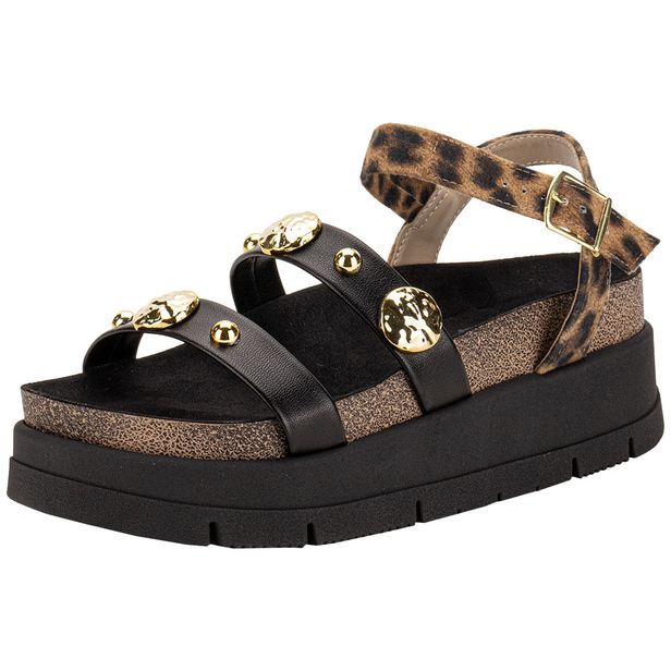 Sandália Feminina Flat Moleca 5513104 PRETO/ONÇA 34