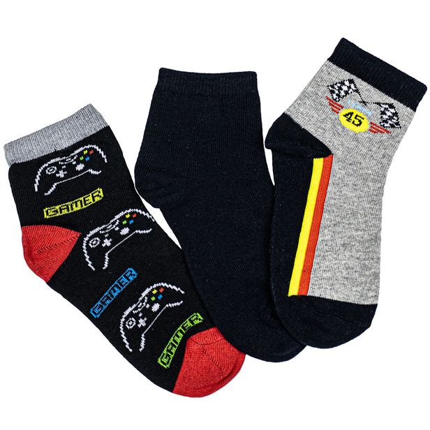 Kit Com 3 Pares de Meias Cano Curto Infantil Hoahi H021219 CINZA/PRETO 28/33