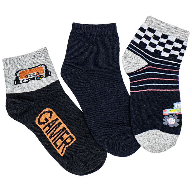 Kit Com 3 Pares de Meias Cano Curto Infantil Hoahi H021219 PRETO/CINZA 28/33