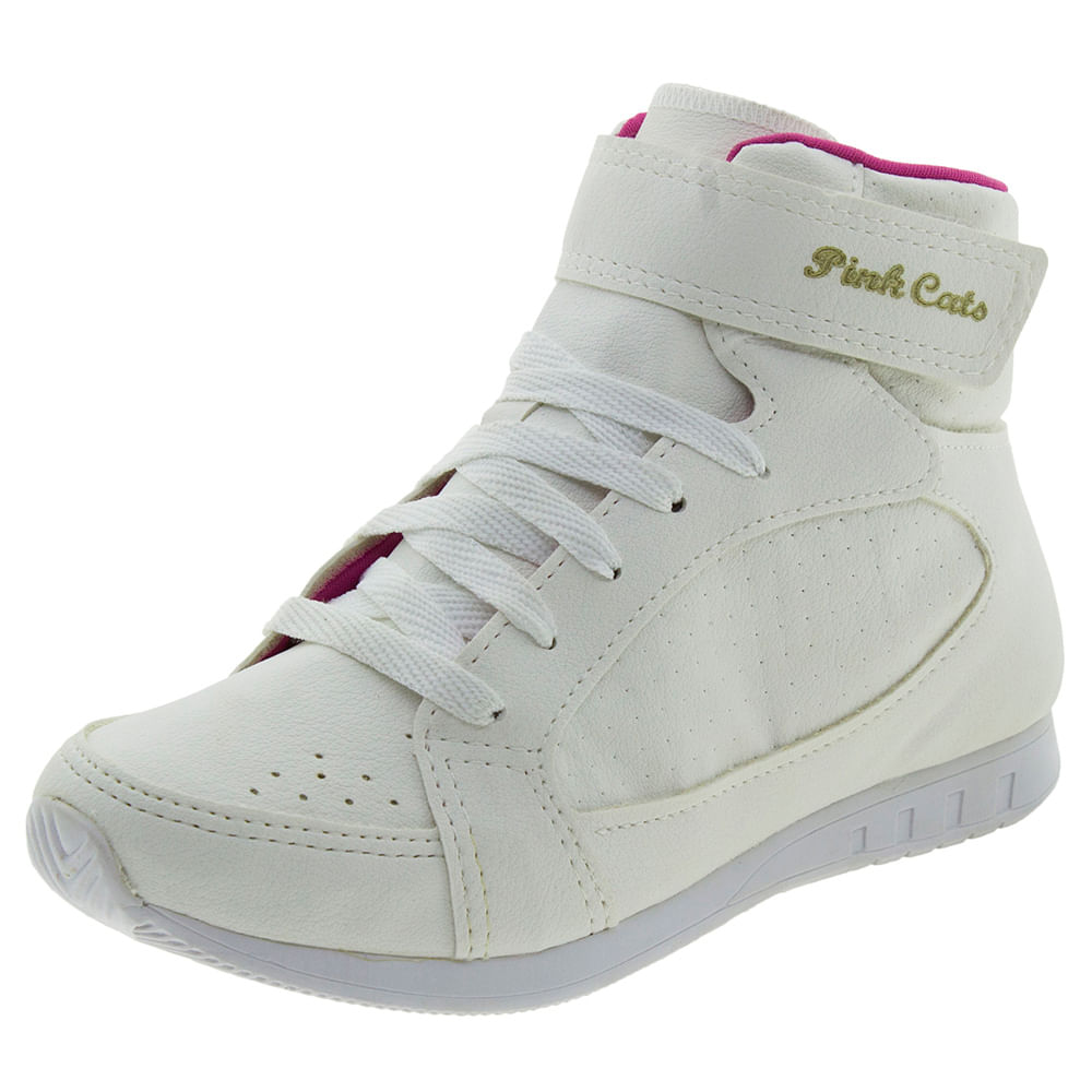 Tênis Infantil Feminino Cano Alto Branco Pink Cats W464A