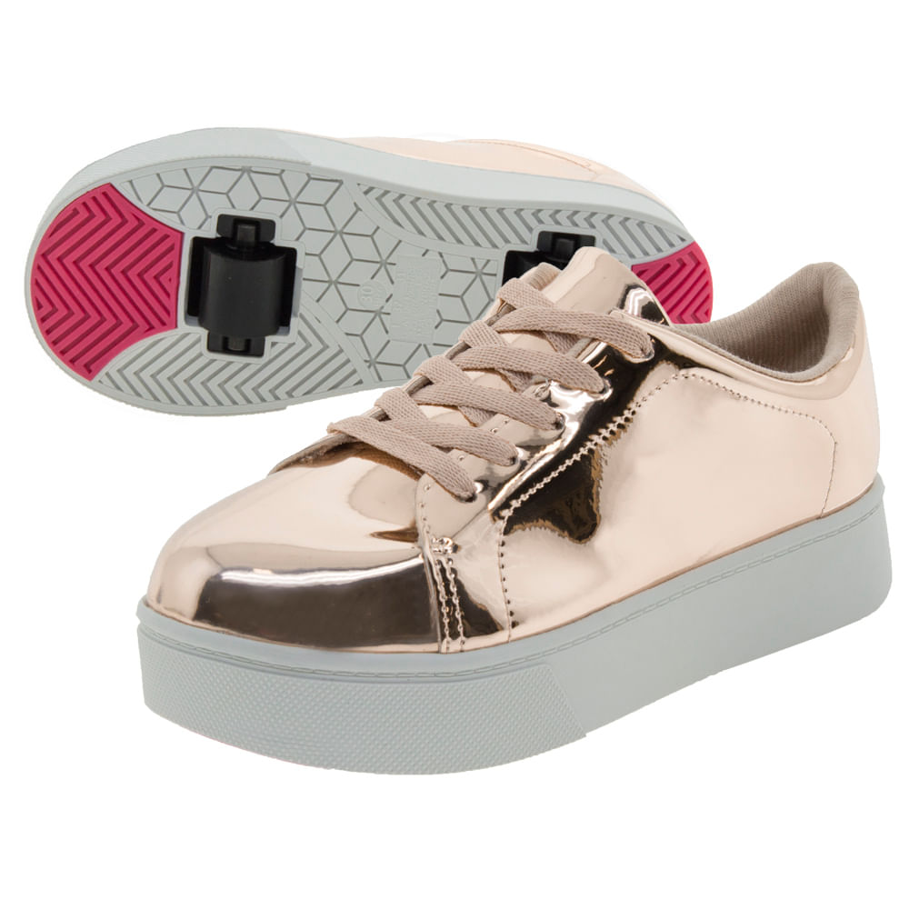 Tênis Infantil Feminino com Rodinha Ouro/Rosado Molekinha